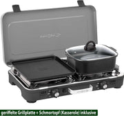 BRUNNER: Hornillo de camping de mesa 2 en 1 de 2 fuegos de acero inoxidable, barbacoa de gas y cocina de gas - POWERKOOK 50mbar con 1 cacerola + 1 plancha - con regulador de gas y manguera de gas