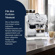 Cafetera de brazo De'Longhi La Specialista Arte EC9155.W, máquina de espresso con molinillo, 8 niveles de molienda, 15 bares, 3 temperaturas, boquilla para espuma de leche, 1550W, depósito de 1,7L, blanca, incluye kit de barista