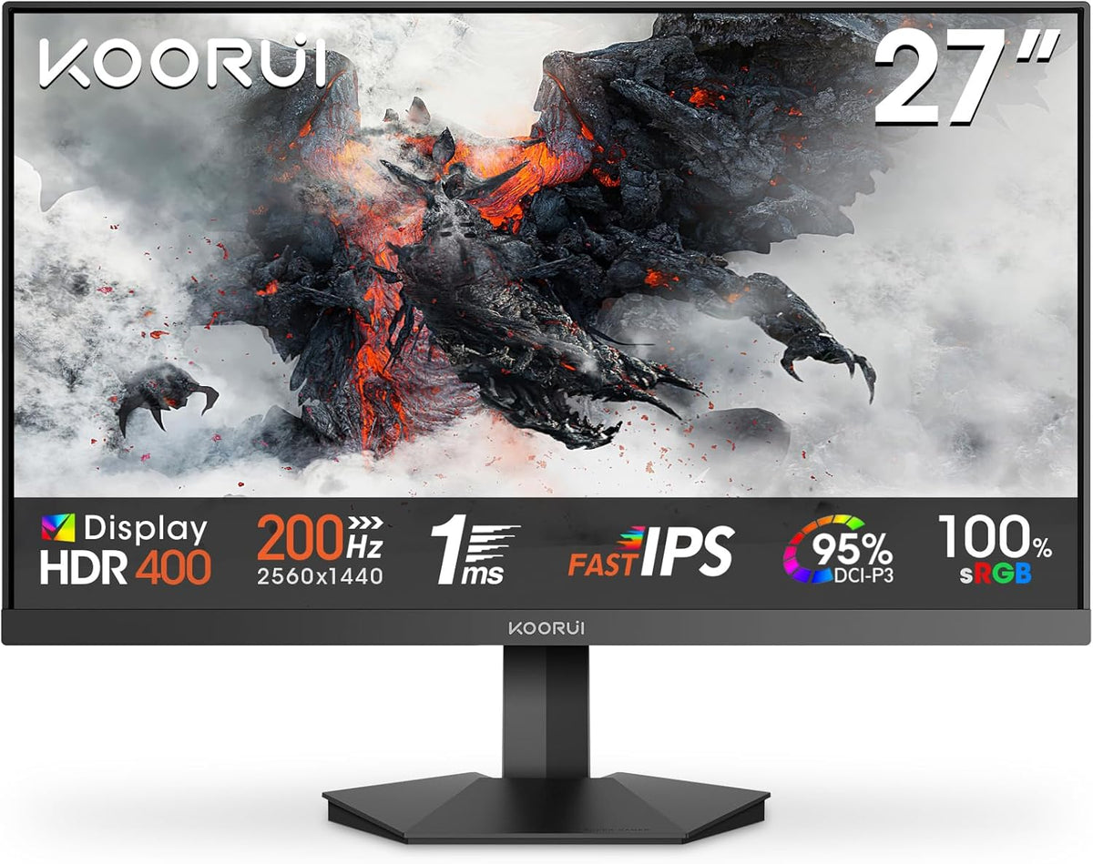 Monitor Gamer KOORUI G2721P de 27 pulgadas - Pantalla gaming QHD 1440P IPS de 200 Hz, 1 ms, HDR400, Adaptive Sync, compatible con VESA 75x75 mm, HDMI 2.0/DP 1.4