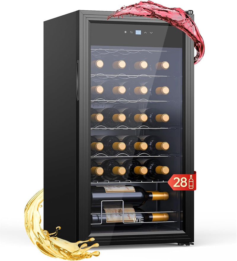 WIE Vinoteca, Refrigerador de vino con puerta de cristal, Bodega empotrable, Bodega de envejecimiento, Bar interior/exterior, Nevera de vinos, Protección UV, 5-18°C, 28 botellas