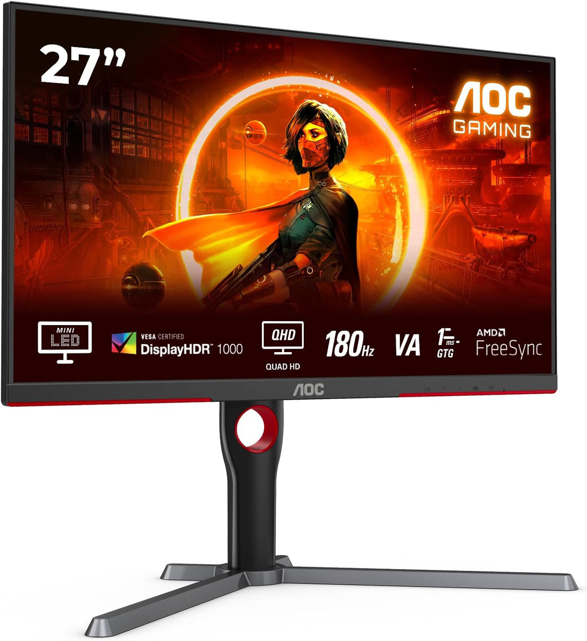 Monitor gaming AOC Q27G3XMN QHD de 27", 180 Hz, FreeSync Prem. Pro, HDR1000 (2560 x 1440, 1 ms GtG, HDMI, DisplayPort) negro/rojo