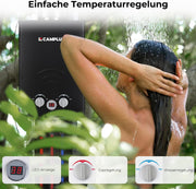 CAMPLUX BW158BC-DE Calentador de agua a gas sin tanque con cubierta impermeable, calentador portátil de GLP, 6 litros, 12 kW, 50 mbar, ducha de camping