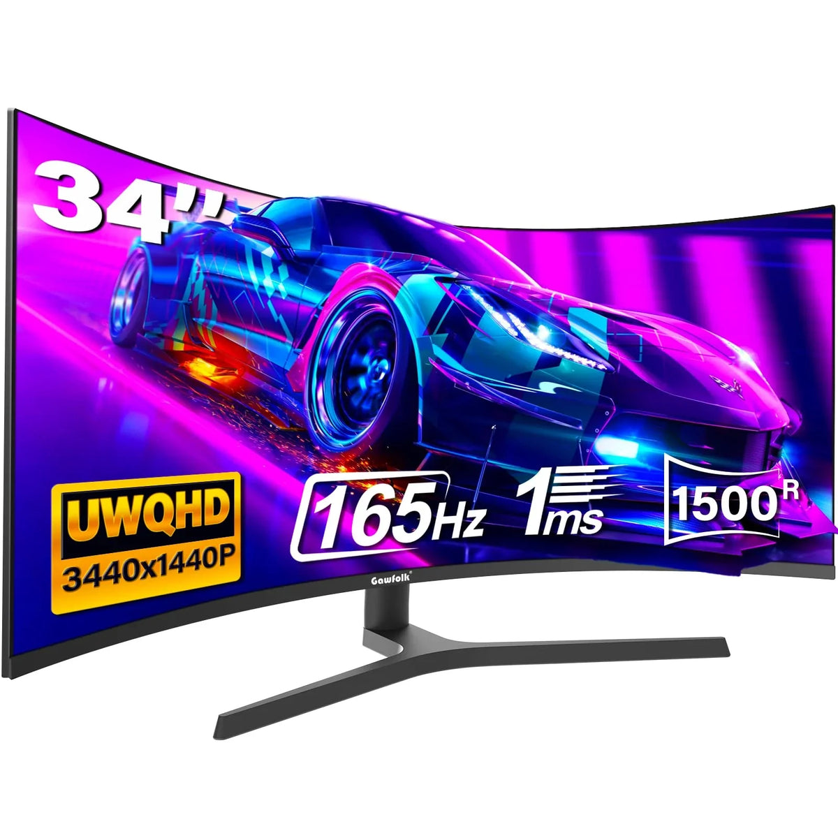 Monitor gaming curvo ultrawide Gawfolk de 34 pulgadas 165Hz UWQHD 3440x1440 1500R VA, altura ajustable, DP, HDMI, VESA 75x75