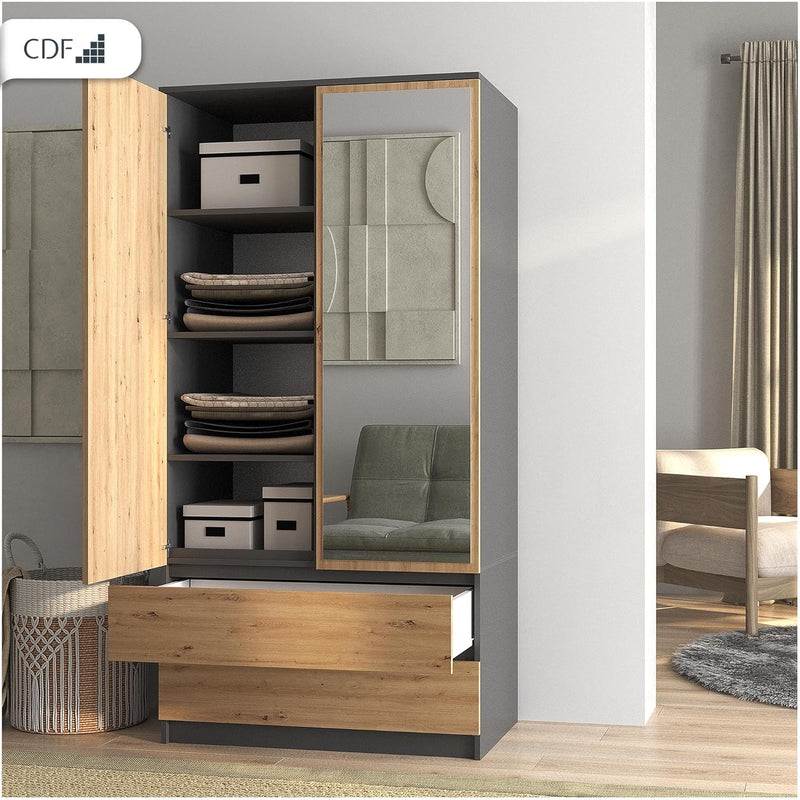 Armario infantil CDF de 90 cm de ancho, armario multiusos de 2 puertas con espejo, 2 cajones, 4 estantes y 1 barra para ropa, tablero laminado de 16 mm, armario multiusos, roble artisan/antracita