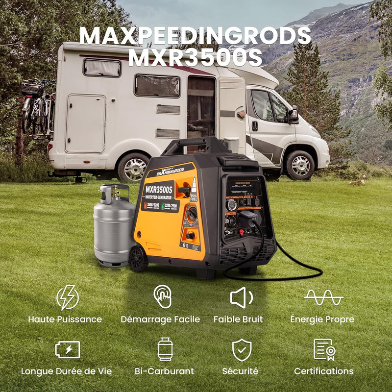 maXpeedingrods Generador Eléctrico Silencioso GLP y Gasolina 3500W Inverter con Arranque Eléctrico y Mando a Distancia, con Puertos USB y Enchufes de 230V para Autocaravanas, Caravanas, Garaje y Jardín