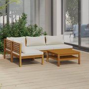 Conjunto de muebles de jardín vidaXL de madera maciza de acacia de 5 piezas con cojines color crema, mesa, sofá central, sofá esquinero, sofá, conjunto de salón, set de jardín, conjunto de mobiliario, grupo de asientos, sofá de jardín