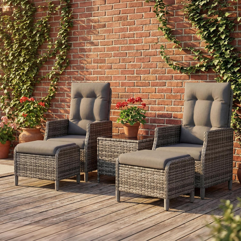 Set de muebles de exterior UDPATIO, 5 piezas con sillones ajustables, reposapiés y mesa de centro | Muebles de jardín de ratán | Muebles de balcón para balcón pequeño | Muebles de terraza resistentes a la intemperie | Gris oscuro