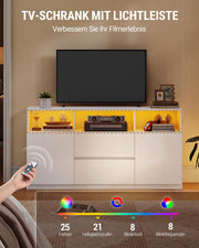 Mueble de TV Hzuaneri con iluminación LED RGB (25 colores), soporte de televisión para pantallas de hasta 65 pulgadas, aparador con 2 cajones y 3 compartimentos abiertos, para salón y dormitorio, blanco TV17003XEU