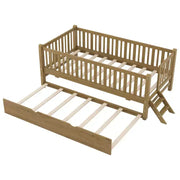 Estructura de cama individual con nido y barandilla, cama de plataforma de perfil bajo con escaleras para niños y niñas