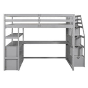 Cama alta de tamaño matrimonial con escritorio y estantes, dos cajones integrados, escalera con almacenamiento, gris