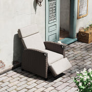 Tumbona relax Amopatio, sillón reclinable, tumbona de ratán con respaldo ajustable y mesa plegable, sillón de jardín para exteriores resistente a la intemperie, para terraza, jardín, balcón – Beige y marrón