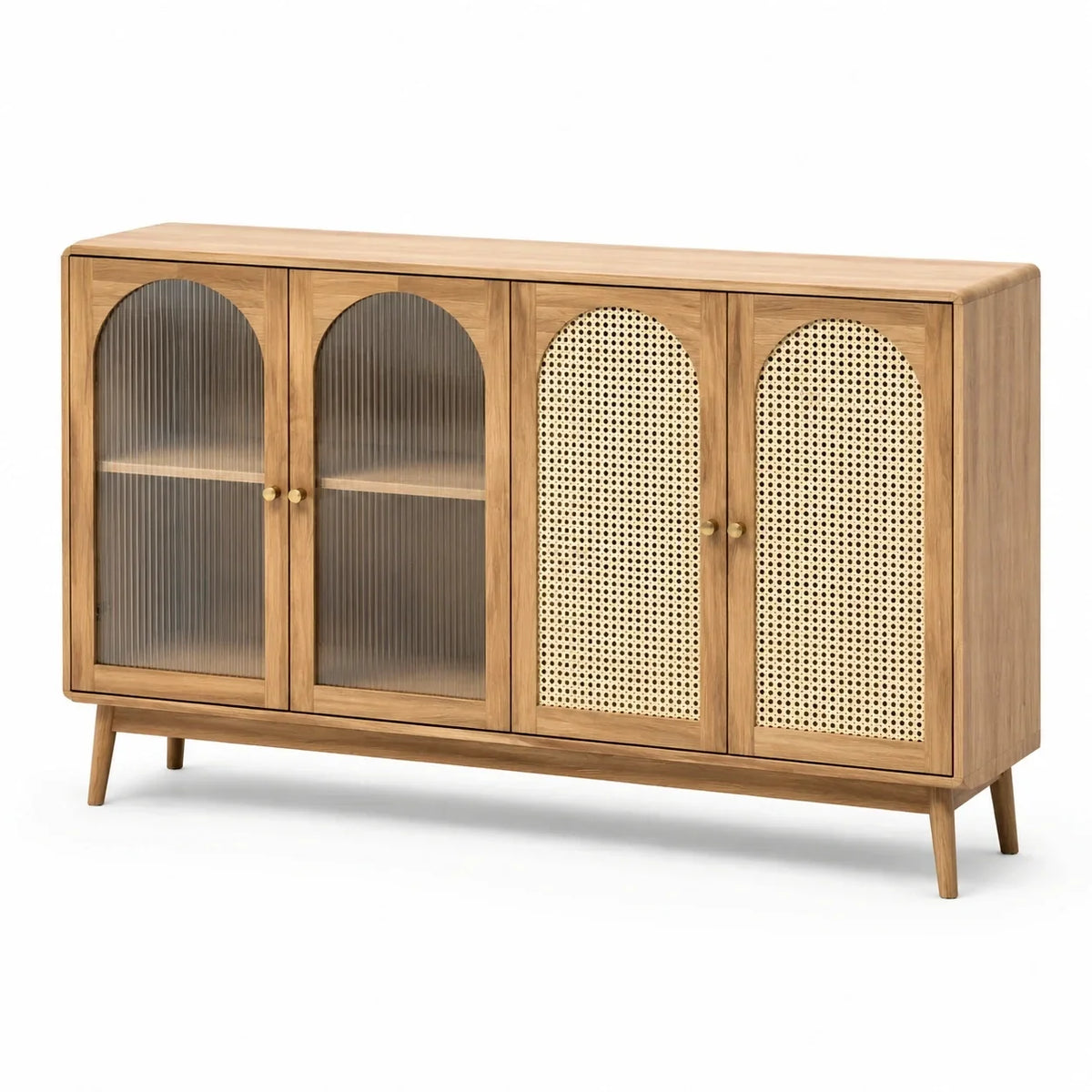 Aparador de madera de roble, ratán y cristal 150x40x85cm natural