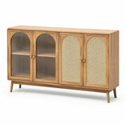 Aparador de madera de roble, ratán y cristal 150x40x85cm natural