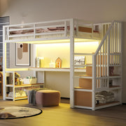 Cama alta de metal Kebnor con escalera de almacenamiento con estantes y mesa, diseño de valla de seguridad con tablones de metal empalmados, cama con estructura de hierro alta con marco de metal para mayor estabilidad (Blanco 90 * 200 cm)