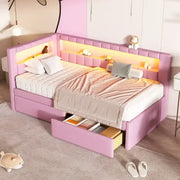 Cama con plataforma tapizada con puertos USB e iluminación LED - Base de cama matrimonial/individual con 2 cajones de almacenamiento - Dormitorio moderno