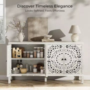 Aparador con almacenamiento, gabinete de almacenamiento con acabado desgastado, 4 puertas talladas y estante ajustable, mueble buffet de madera decorativo