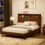 Estructura de cama ModernLuxe tamaño Queen/Full XL con cabecera de almacenamiento, estación de carga integrada, diseño ondulado, soporte silencioso