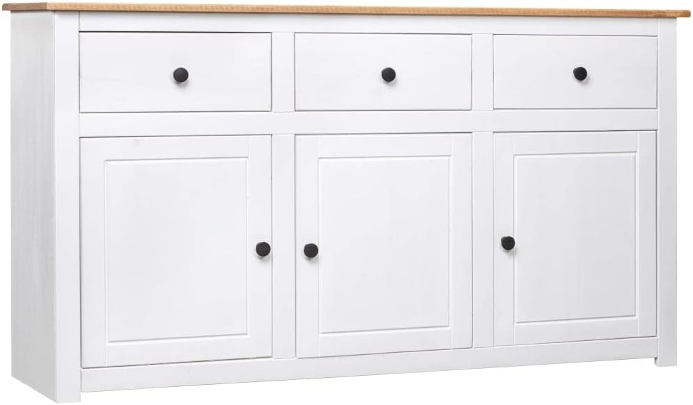 vidaXL Aparador de madera maciza de pino de Panamá con 3 cajones y 3 puertas, cómoda, mueble auxiliar, armario multiusos, alacena, blanco, 135x40x80 cm