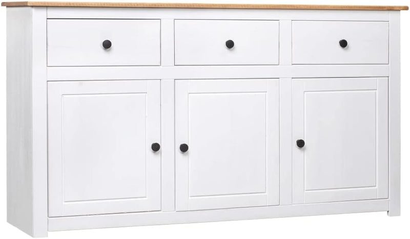 vidaXL Aparador de madera maciza de pino de Panamá con 3 cajones y 3 puertas, cómoda, mueble auxiliar, armario multiusos, alacena, blanco, 135x40x80 cm