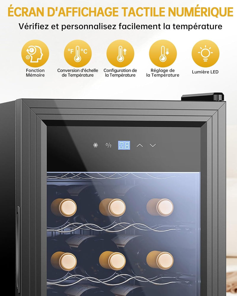 WIE Vinoteca 18 Botellas 53L Refrigerador de Vino 5°C-18°C Enfriamiento por Compresor Puerta de Cristal Panel Táctil LED Interior Nevera de Vino Bar Interior/Exterior