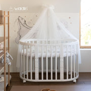Cuna ovalada evolutiva Waldin, set completo 7 en 1, cuna de barrotes, cama infantil con colchón, cambiador, cuna colecho, madera blanca