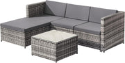 Set de salón de poliratán, juego de muebles de jardín para balcón para 3-4 personas, conjunto de asientos para jardín con sofá de 3 plazas, taburete, cojines y mesa de cristal, muebles de terraza, sofá esquinero, para jardín, balcón y terraza (gris)