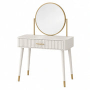 Tocador de MDF y metal con espejo redondo, blanco/dorado