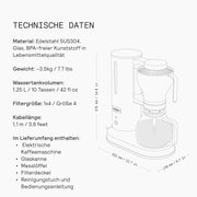 Aarke Cafetera de goteo – Cafetera eléctrica, jarra de cristal, función de mantenimiento de calor, capacidad de 10 tazas, 250 ml - 1,25 l, diseño moderno, cafetera para café de filtro, con certificación ECBC.