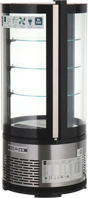 Vitrina refrigerada METRO Professional GRV1100, para hostelería, acero inoxidable/vidrio, 100 L, refrigeración por aire forzado, 490 W, indicador de temperatura,  descongelación automática, redonda, plateada, clase climática 6