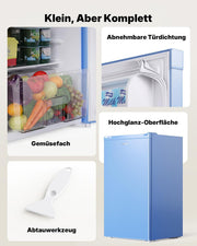 Upstreman 91L Mini-refrigerador con compartimento de enfriamiento rápido, 5 niveles de temperatura (0-10 ℃), eficiente energéticamente, funcionamiento silencioso de 41 dB, compacto y espacioso para dormitorio universitario/oficina, BR321-Azul