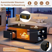 Mesa de centro de alto brillo Merax con iluminación LED y cajón – Mesa de sofá de 100x50x36 cm, mesa de salón con 4 compartimentos laterales, mesa de centro minimalista en negro
