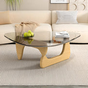 Mesa de centro triangular de madera con cubierta de cristal
