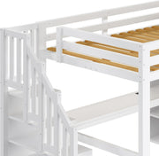 Cama alta de 140x200 con escritorio y estantería, armario, escalera con almacenaje, USB y luces LED, blanco