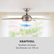 Klarstein Bolero - Ventilador de techo 2 en 1, diámetro de 134 cm, lámpara de 55 W de potencia, aspas de madera, control remoto, 50 dB, 3 velocidades: rápida, media, lenta, arce