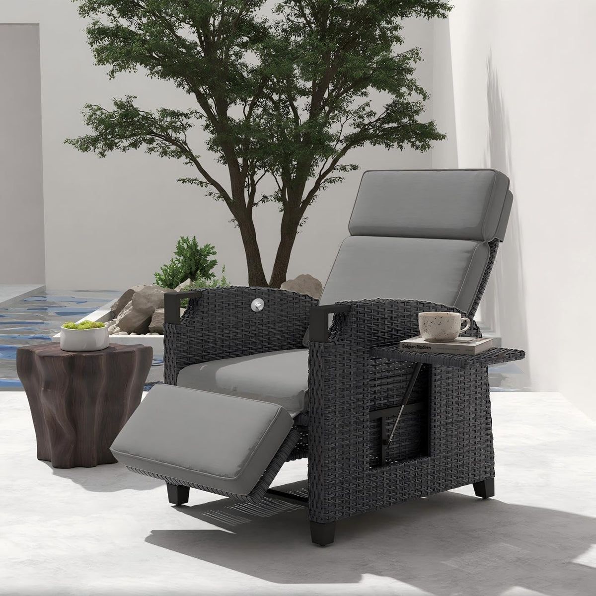 UDPATIO Sillón de ratán para jardín, reclinable, tumbona ajustable a 150°, con respaldo ajustable, fundas y cojines extraíbles, impermeable, para interior y exterior - Gris