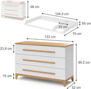 Cambiador VitaliSpa Malia, blanco/roble, 133 x 98 cm XL con 3 cajones