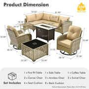 Conjunto de 9 piezas de sillas giratorias de mimbre para exteriores OVIOS con mesa de fuego