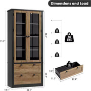 Alacena de cocina estilo granja con puertas de vidrio, armario de almacenamiento de 72 pulgadas con cajones y estantes ajustables para comedor, baño y sala de estar