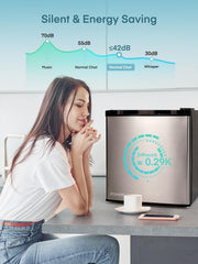 FOHERE Mininevera 46L, Frigorífico pequeño con termostato ajustable, ahorro de energía, silencioso, puerta reversible, minibar, adecuado para el hogar y la oficina, dormitorio, hotel, acero inoxidable