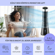 Klarstein 4 en 1: Enfriador de aire inteligente, ventilador, humidificador e ionizador I Depósito de agua de 6 L, oscilación, 30 W, 210 m³/h, temporizador I Aire acondicionado sin tubo de escape, aire acondicionado portátil, negro-oro rosa