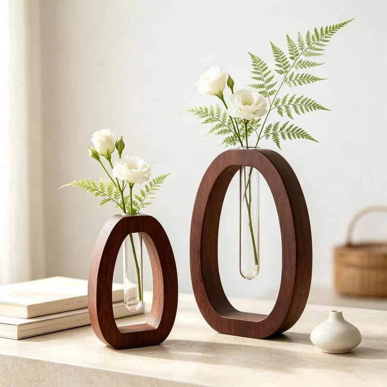 Jarrón de madera con tubo de ensayo | Florero de mesa minimalista para flores frescas y secas