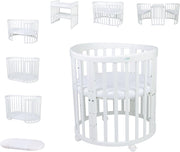 Cuna ovalada evolutiva Waldin, set completo 7 en 1, cuna de barrotes, cama infantil con colchón, cambiador, cuna colecho, madera blanca