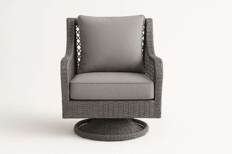 Sillón giratorio de mimbre y tejido de poliéster gris