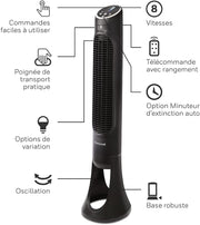 Ventilador de torre Honeywell HYF290E4 QuietSet, potente y ultrasilencioso, con mando a distancia, HYF290E, negro