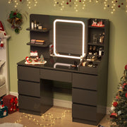 TRIUMPHKEY Tocador con iluminación LED, brillo ajustable, mesa de maquillaje con espejo, tocador moderno con 7 cajones, 4 estantes y 3 compartimentos abiertos para el dormitorio (Negro)