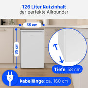 Refrigerador Bomann® sin compartimento congelador | Clase energética C | 85 cm | 5 años de garantía en el compresor | Frigorífico pequeño | 0-8 °C | silencioso 35 dB | 3 estantes | Refrigerador estándar 126 L | VS 7258 blanco