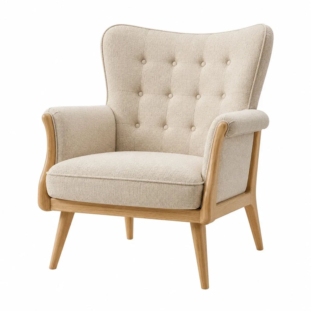 Sillón de tela y madera de roble, beige, 90 cm
