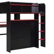 Cama alta de tamaño completo Luxystar con escritorio ajustable iluminado, armario abierto y estantería