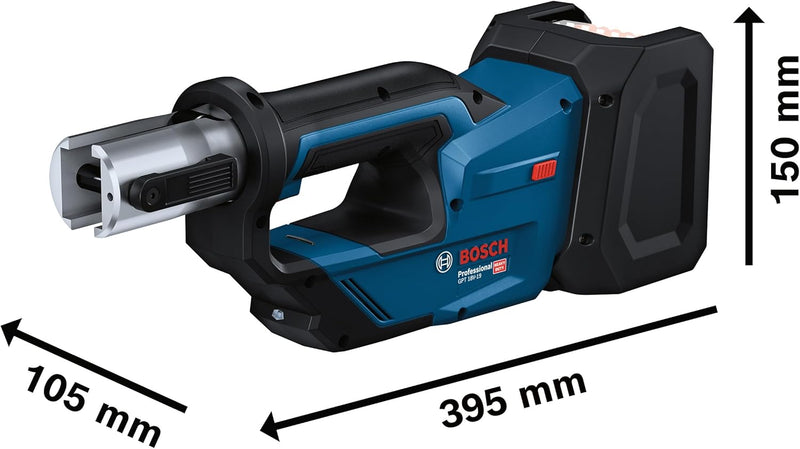 Herramienta de prensado a batería Bosch Professional 18V System GPT 18V-19 (fuerza de 19 kN, cabezal giratorio 360°, incl. mordazas de prensado Comp. TH16, TH20, TH26, L-BOXX)