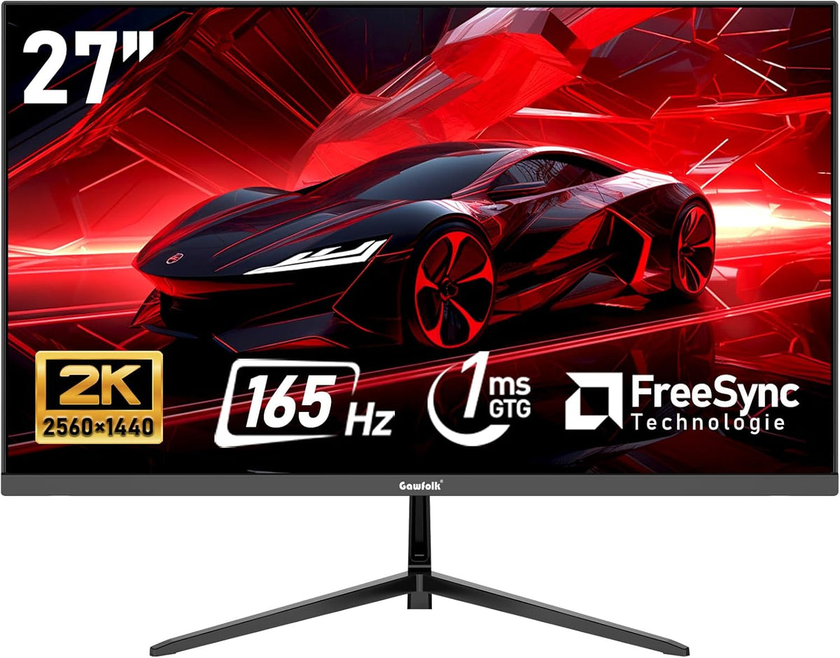 Monitor PC Gawfolk de 27 pulgadas, 2K WQHD (2560×1440P), monitor gaming de 165Hz, 1ms sin bordes, 98% sRGB, gran ángulo de 178°, HDMI, DisplayPort, compatible con soportes de pared VESA 100×100 mm - Negro
